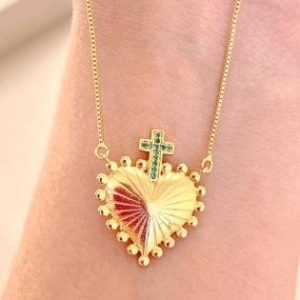 Colar Coração Cruz Verde Ouro