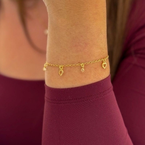Pulseira Corações Vazados e Brilhos Ouro
