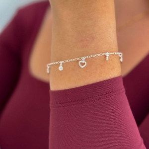 Pulseira Corações Vazados e Brilhos Prata
