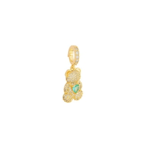 Pingente Urso Cravejado Coração Verde Ouro