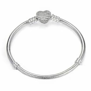 Pulseira de Berloques Coração Cravejado Prata - 15 cm