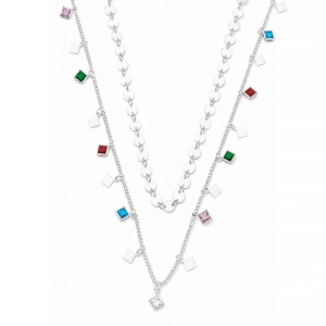 Colar Duplo Medalhas e Pingentes Coloridos Prata