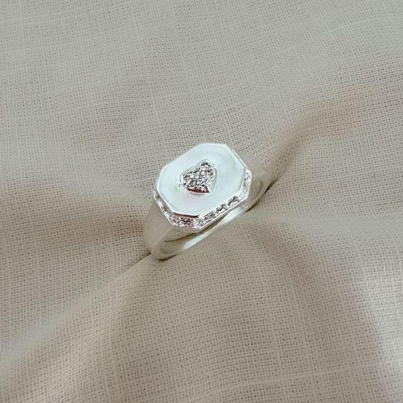 Anel Chapa Coração Cravejada Prata