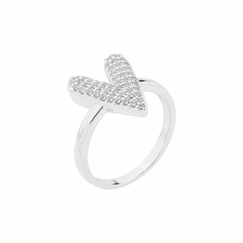 Anel Coração Assimétrico Zircônias Prata