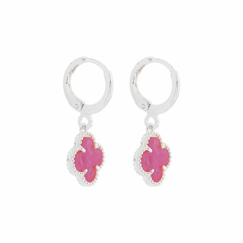 Brinco Argola Trevo Rosa Prata