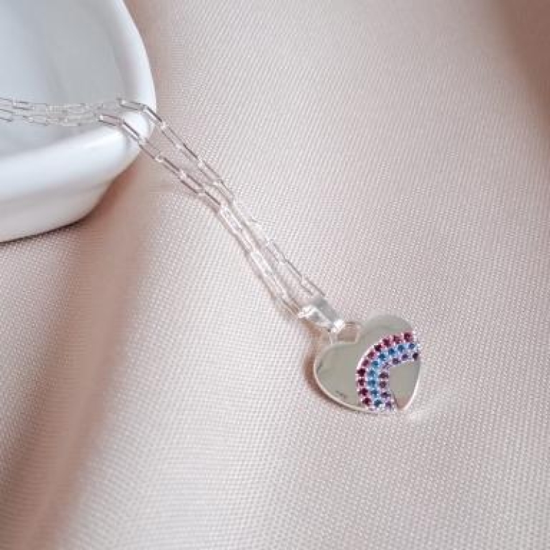 Colar Coração Cravejado Colors Prata