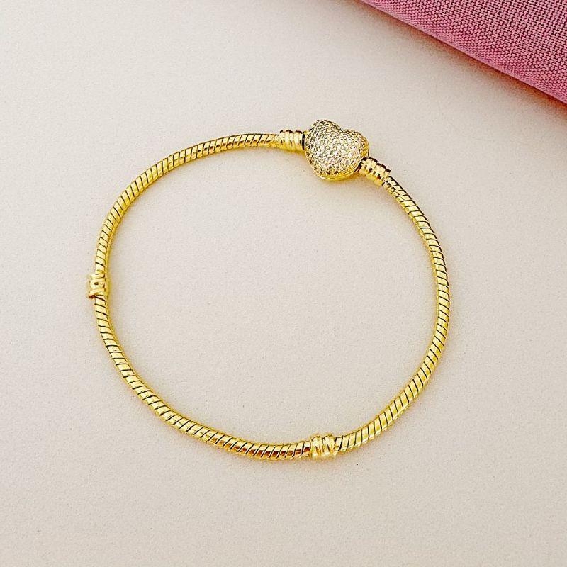 Pulseira de Berloques Coração Cravejado Ouro - 21 cm