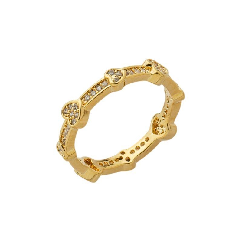 Anel Fileira Corações Cravejados Ouro