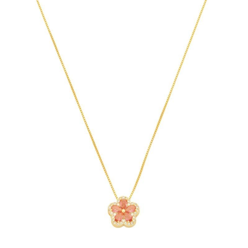 Colar Flor Cristal Rosa e Zircônias Ouro