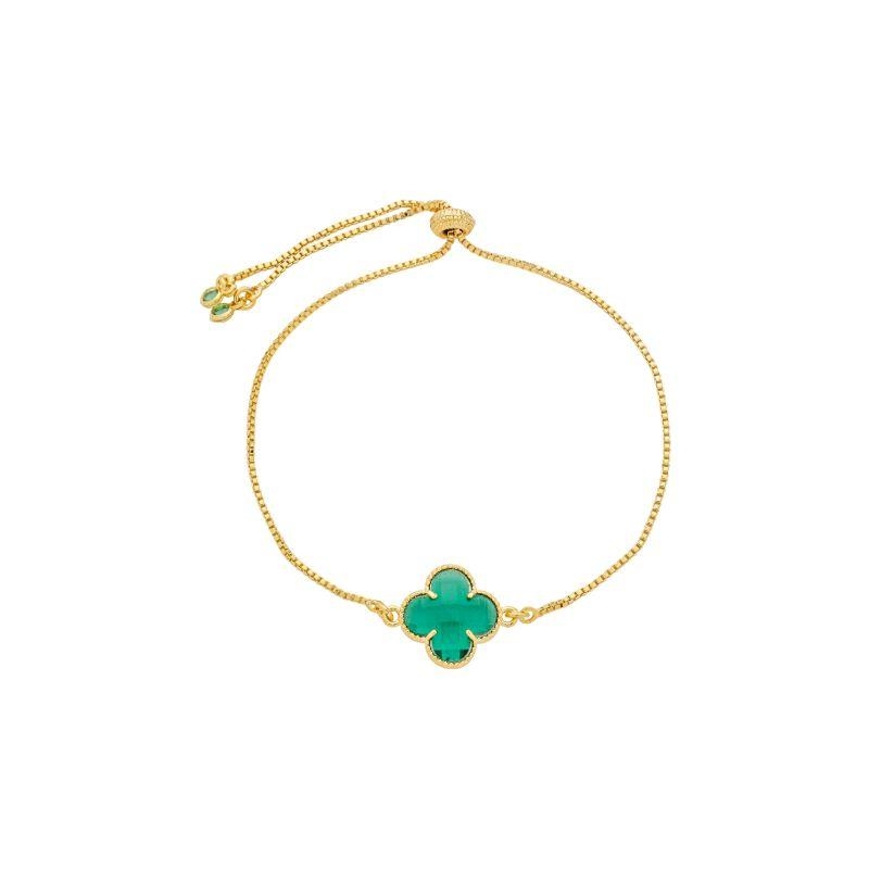 Pulseira Trevo Pedra Verde Ajustável Ouro