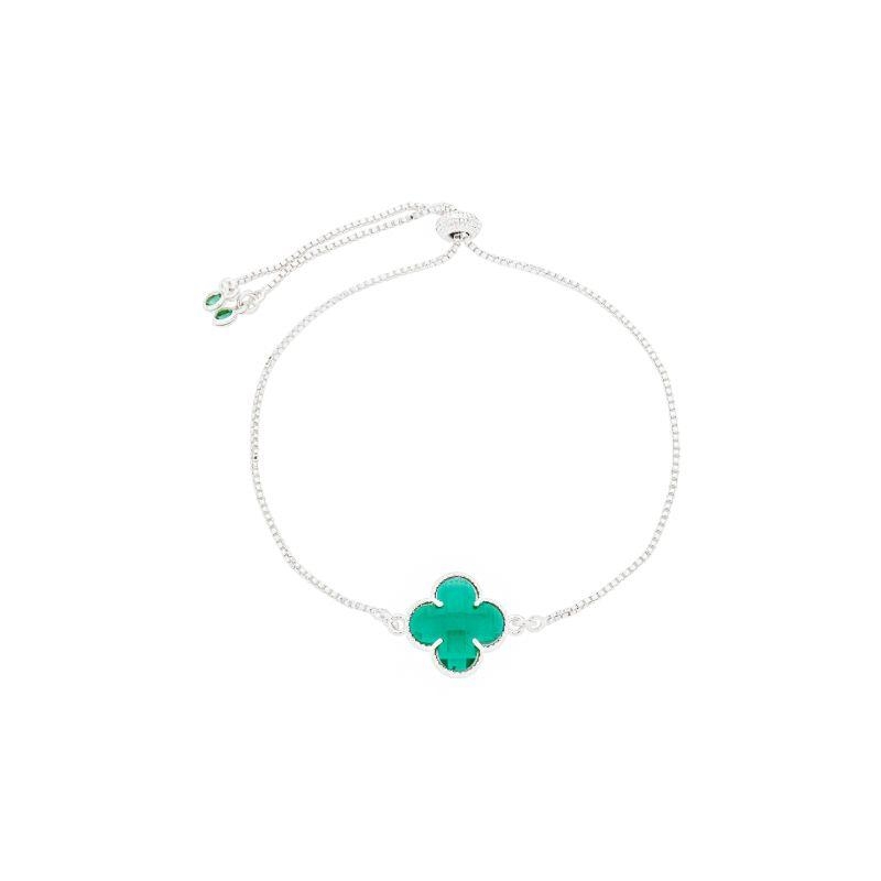 Pulseira Trevo Pedra Verde Ajustável Prata
