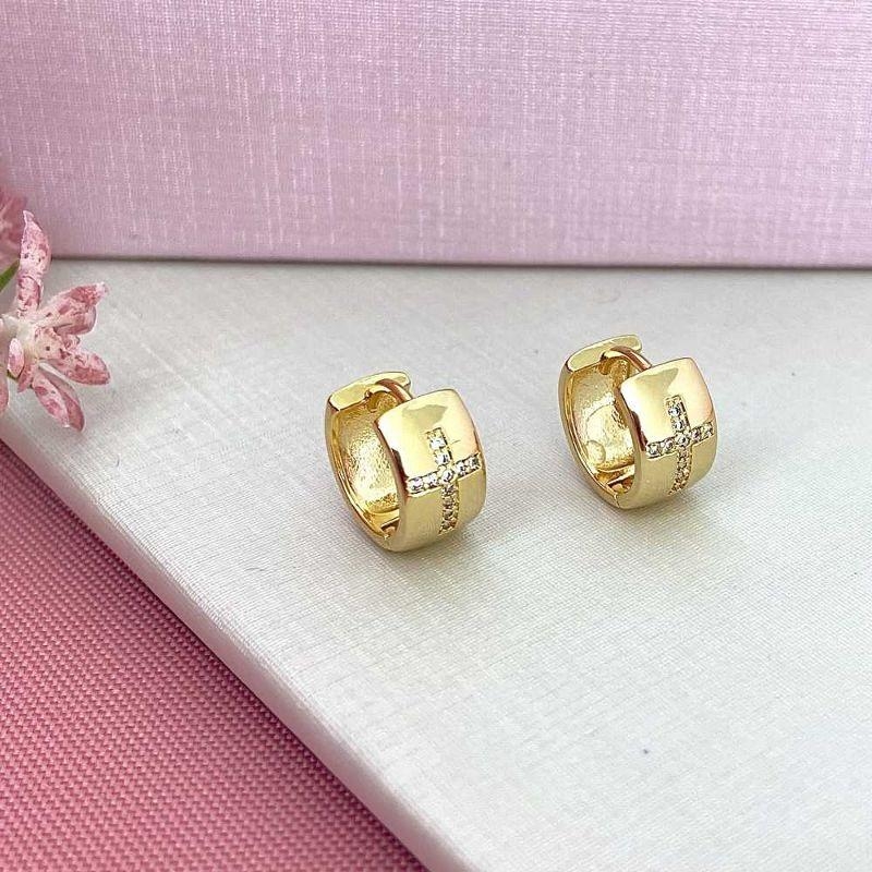 Brinco Argola Cruz Zirconias Ouro