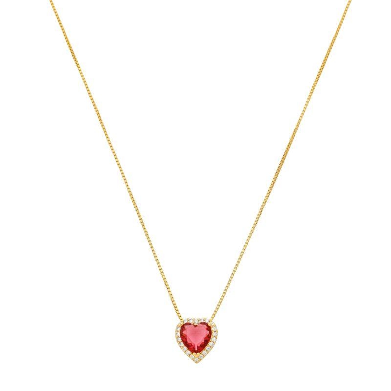 Colar Coração Vermelho Zircônias Ouro