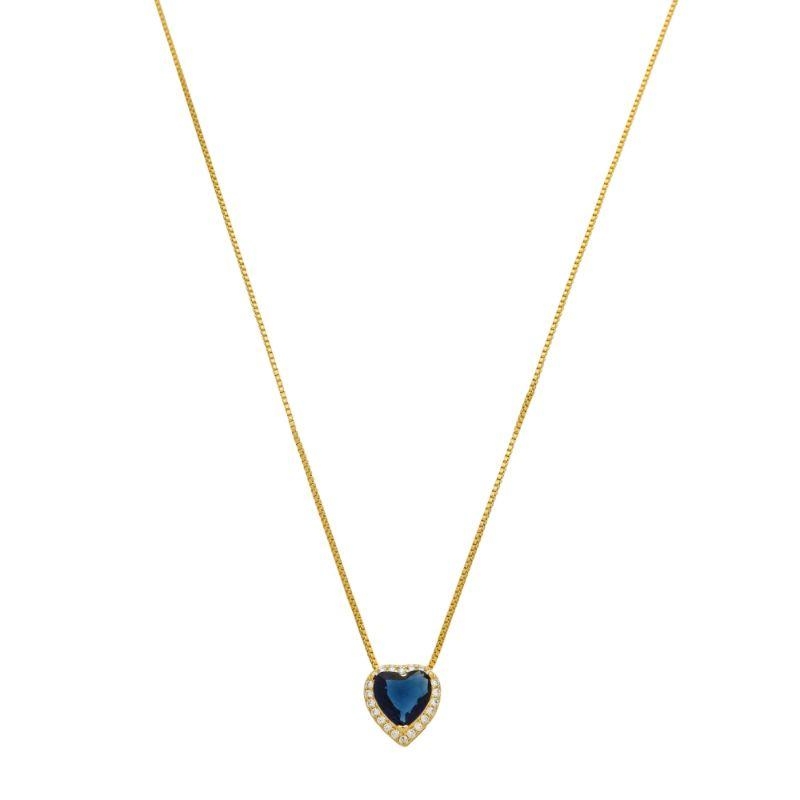 Colar Coração Azul Marinho Zircônias Ouro