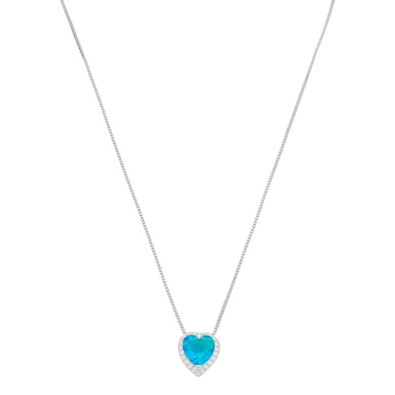 Colar Coração Azul Zircônias Prata