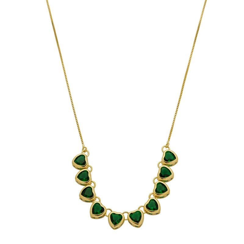 Colar Corações Cristal Verde Ouro