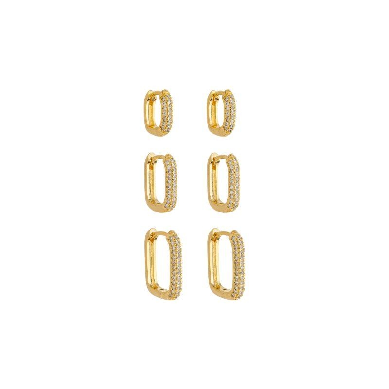 Trio Argola Retangular Cravejado Ouro