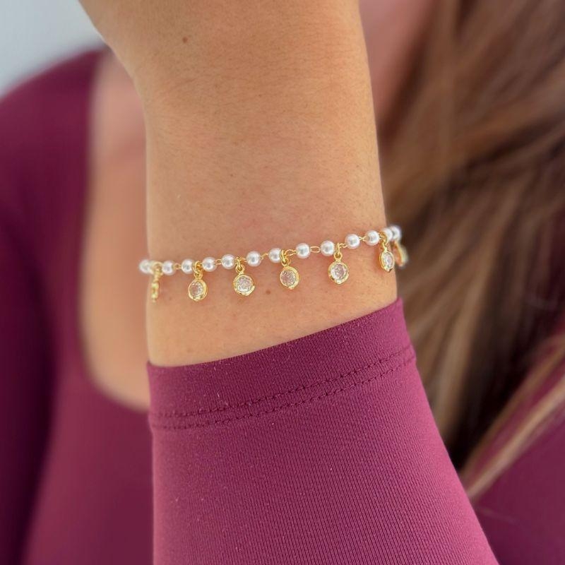 Pulseira Pérolas e Medalhas Zircônias Ouro