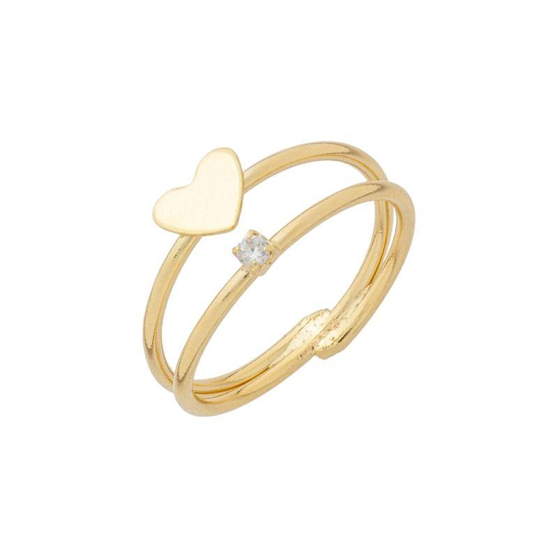 Anel Duplo Coração Liso e Ponto de Luz Ouro
