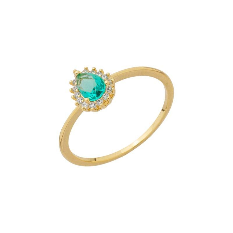 Anel Gota Pedra Verde e Zircônias Ouro
