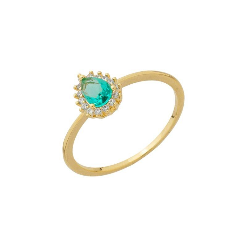 Anel Gota Pedra Verde e Zircônias Ouro