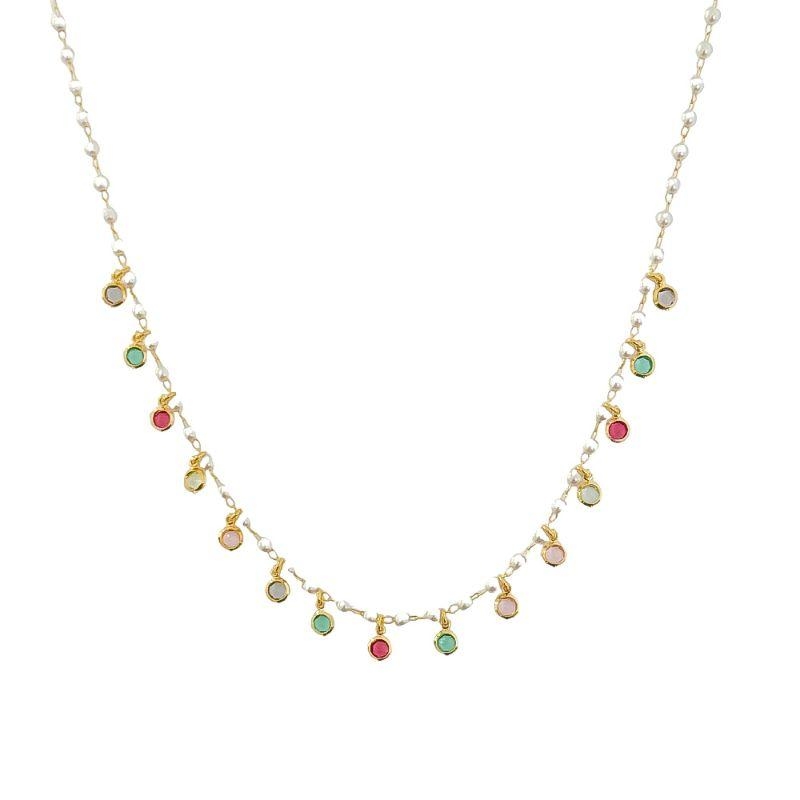 Colar Mini Pérolas e Cristais Coloridos Ouro