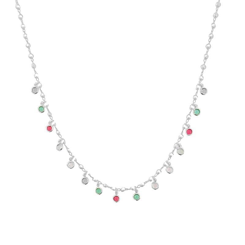 Colar Mini Pérolas e Cristais Coloridos Prata