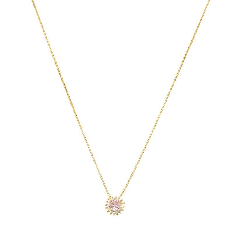 Colar Pedra Redonda Rosa e Zircônias Ouro