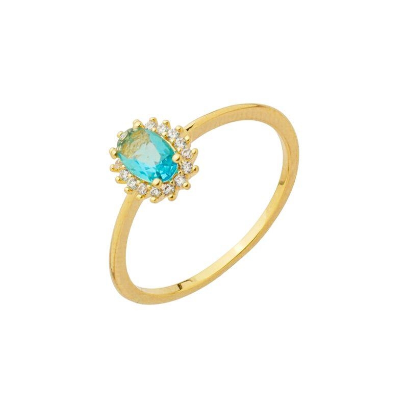 Anel Oval Pedra Azul e Zircônias Ouro