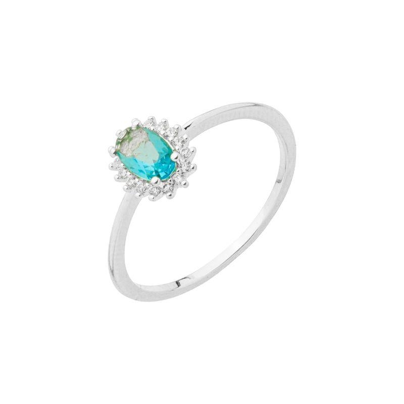 Anel Oval Pedra Azul e Zircônias Prata