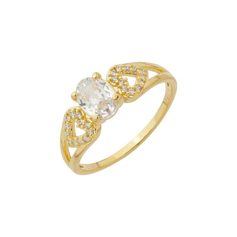 Anel Pedra Oval e Laterais Cravejadas Ouro