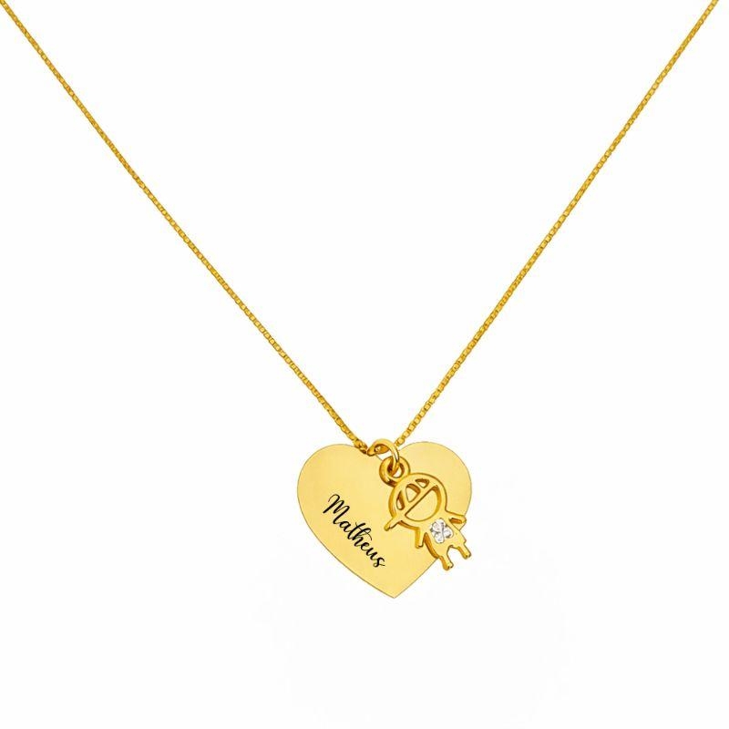 Colar Personalizado Coração Grande e Pingente Filho Ouro