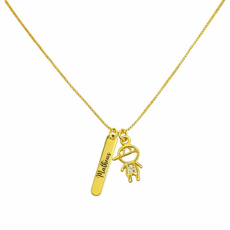 Colar Personalizado Placa Nome e Pingente Filho Ouro