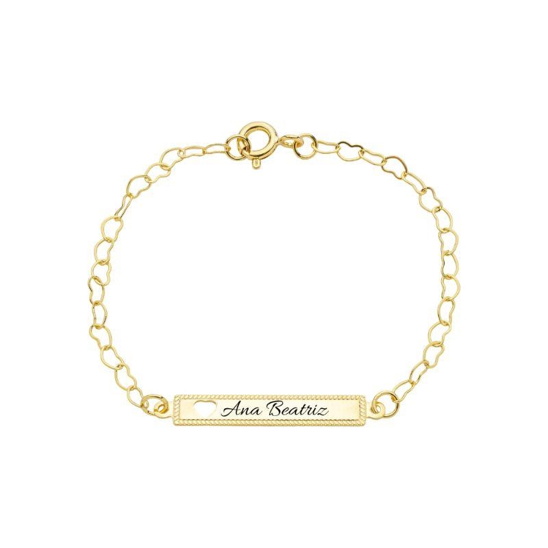 Pulseira Infantil Personalizada Plaquinha Coração Ouro