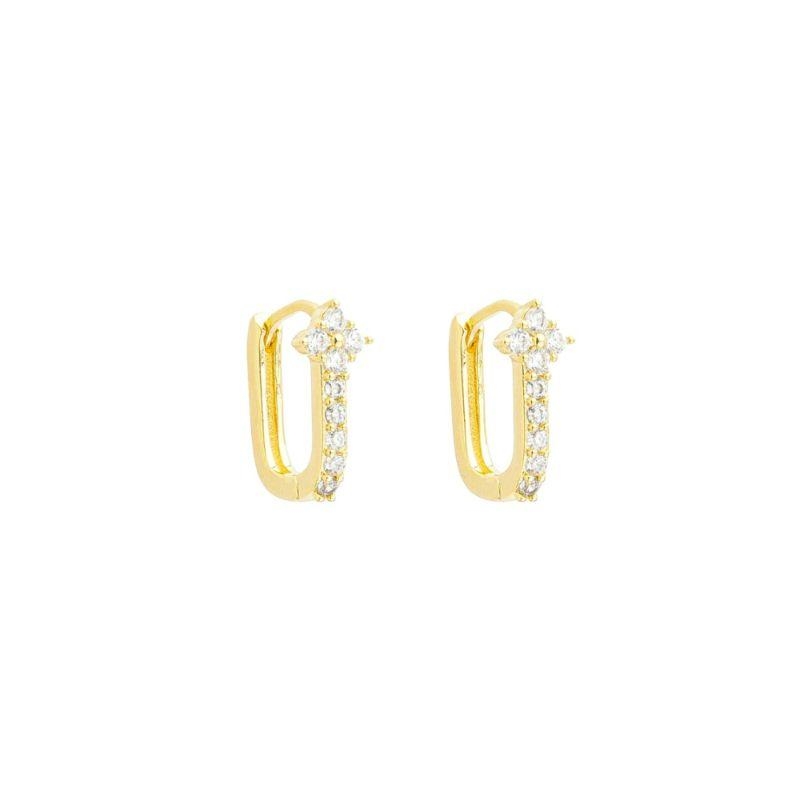Brinco Argola Retangular e Trevo Cravejado Ouro