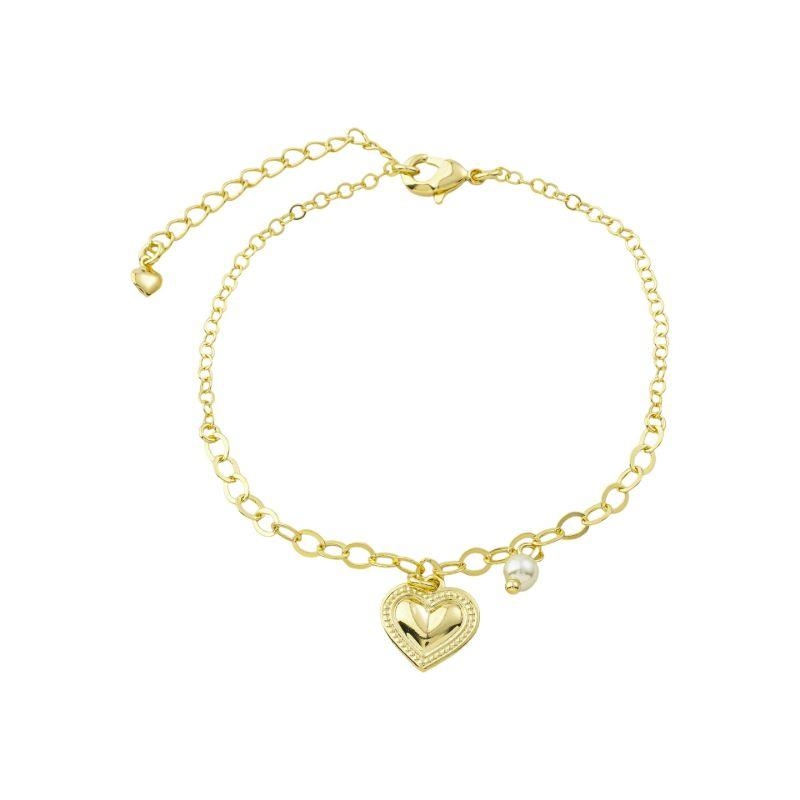 Pulseira Coração Detalhado e Pérola Ouro