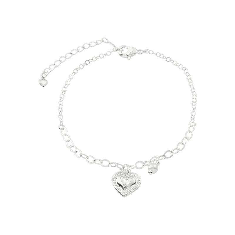 Pulseira Coração Detalhado e Pérola Prata