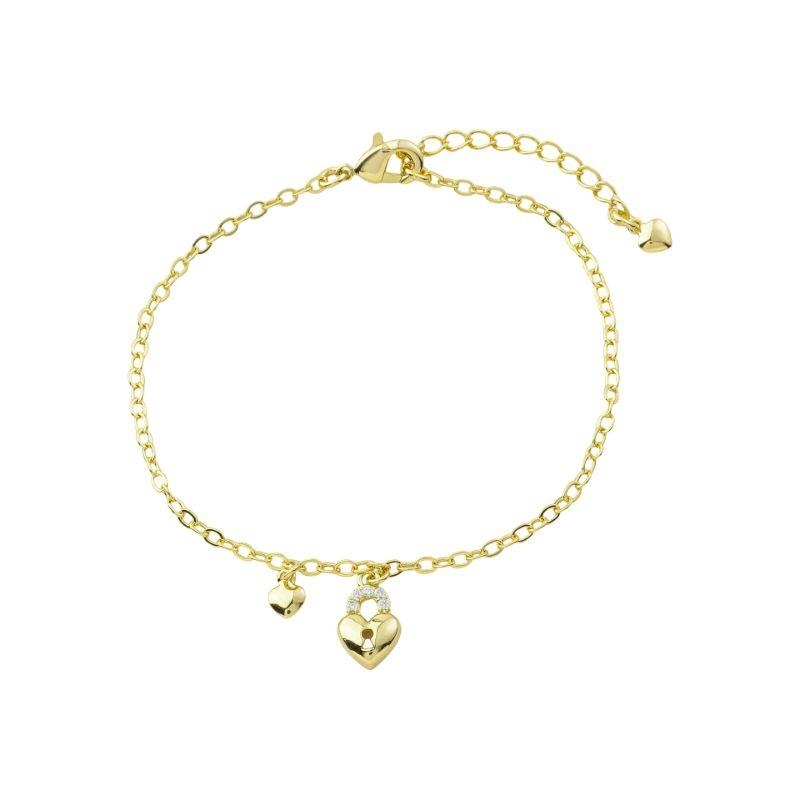 Pulseira Pingente de Cadeado e Mini Coração Ouro