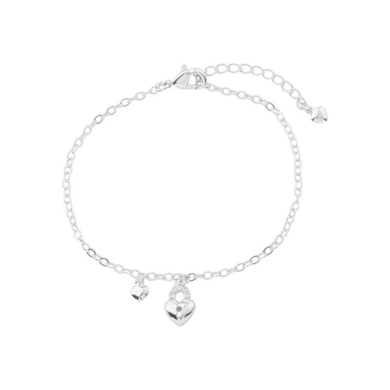 Pulseira Pingente de Cadeado e Mini Coração Prata