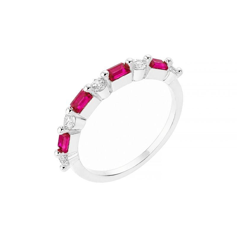Anel Baguetes Rosa e Cristal Prata