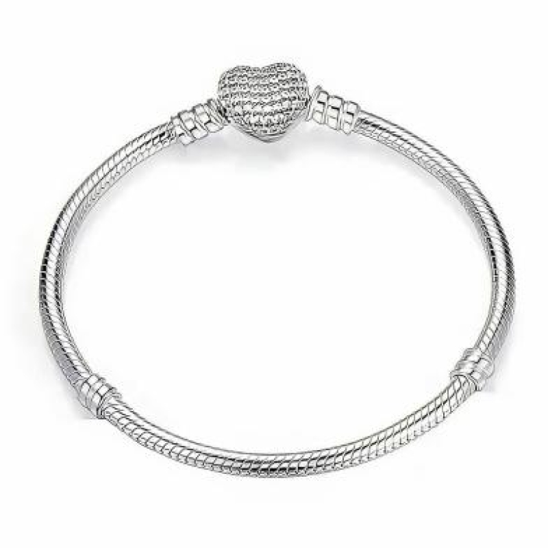 Pulseira de Berloques Coração Cravejado Prata - 15 cm