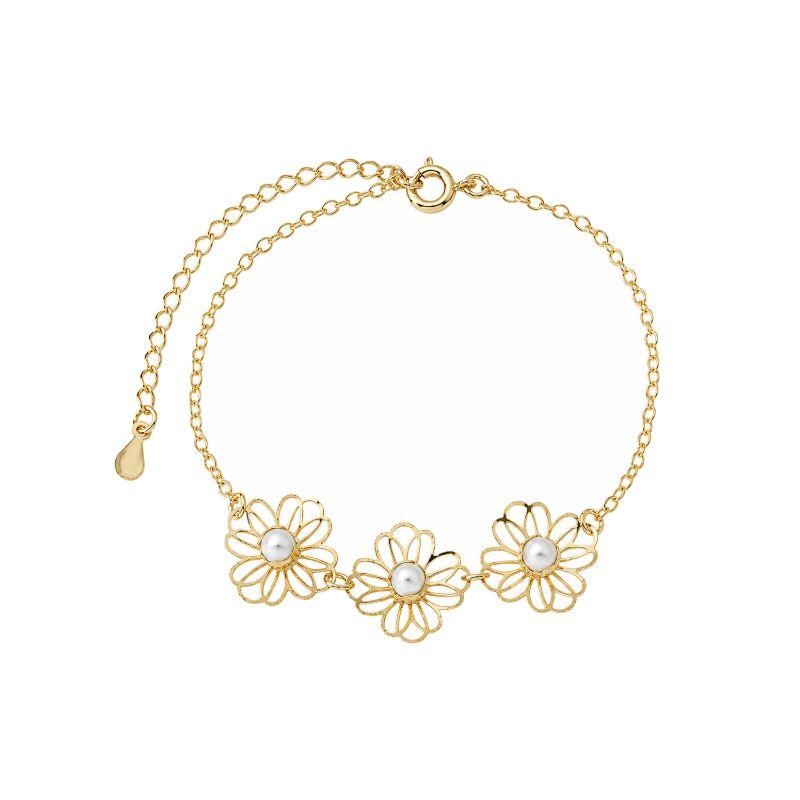 Pulseira Trio de Flores com Pérolas Ouro
