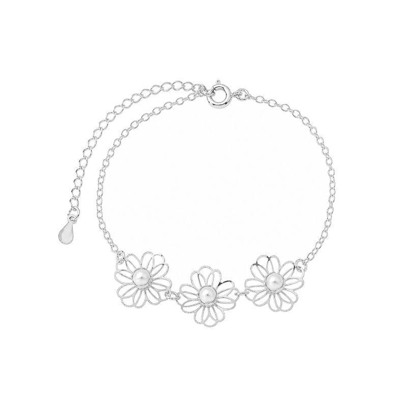 Pulseira Trio de Flores com Pérolas Prata