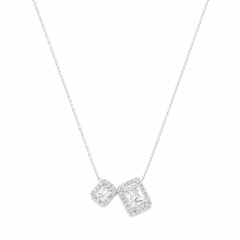 Colar Cristal Retangular Duplo Cravejado Prata