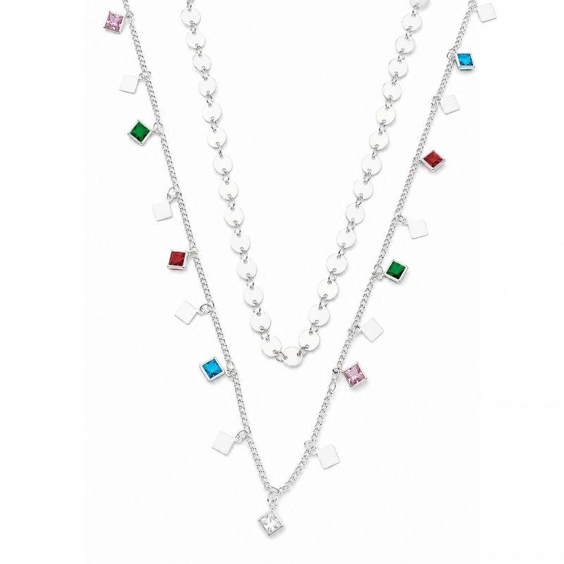 Colar Duplo Medalhas e Pingentes Coloridos Prata