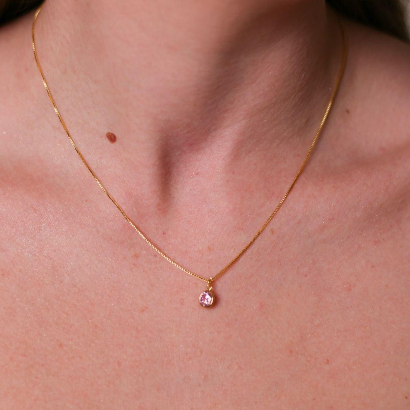 Colar Pingente Cristal Rosa Ouro