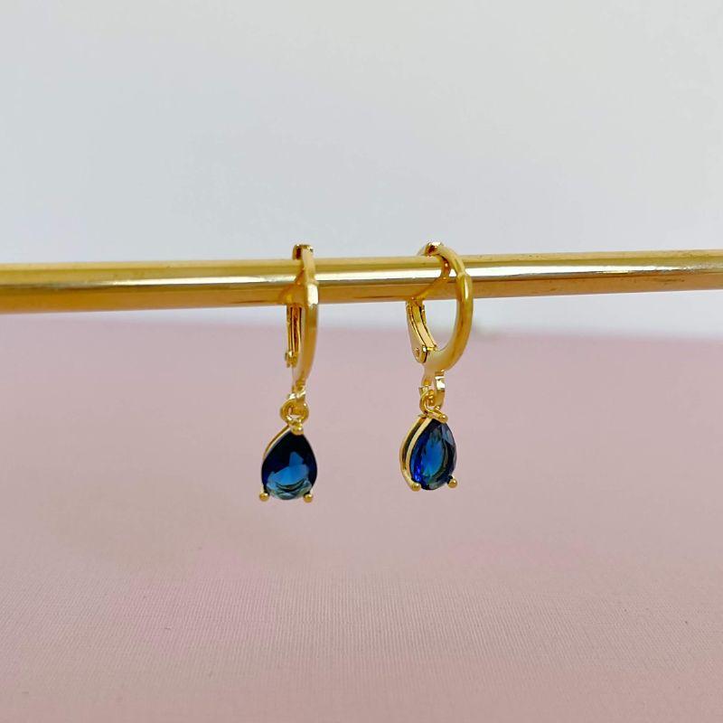 Brinco Argola Gota Pendente Azul Ouro