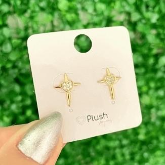 Brinco Cruz Coração Zirconias Ouro