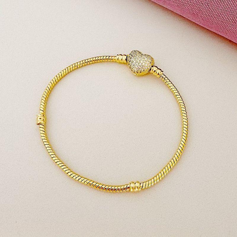 Pulseira de Berloques Coração Cravejado Ouro - 18 cm