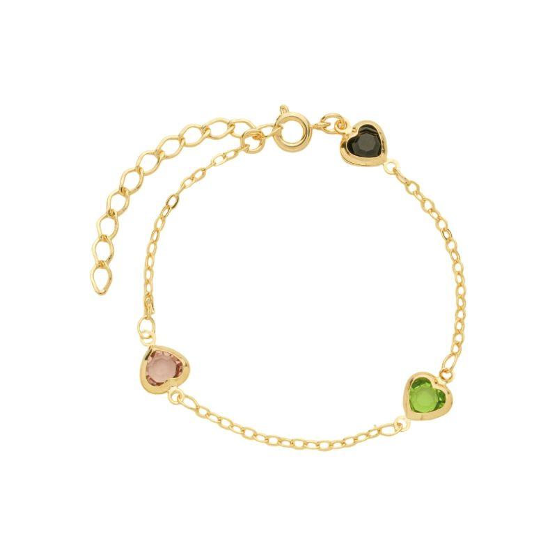 Pulseira Trio Corações Cristais Coloridos Ouro